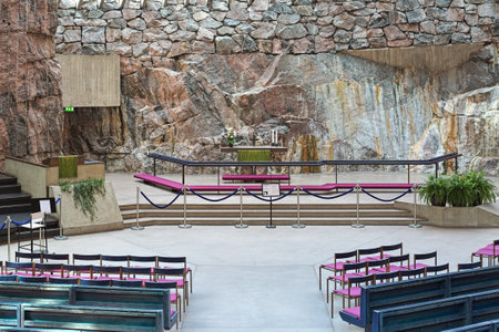 HELSINKI, FINLAND - JULY 21, 2016: Altar of the Temppeliaukio Church, also known as the Church of the Rock and Rock Church. The church was designed by Timo and Tuomo Suomalainen and opened in 1969.のeditorial素材