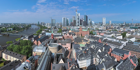 FRANKFURT, GERMANY - MAY 11, 2018: Panorama of the city, view from the tower of Frankfurt Cathedral. Frankfurt am Main is a global hub for commerce, culture, education, tourism and transportation.のeditorial素材