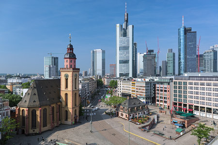 FRANKFURT-AM-MAIN, GERMANY - MAY 12, 2018: The Hauptwache square with St. Catherine's Church and the Hauptwache building (former guard-house) on the background of skyscrapers of financial district.のeditorial素材