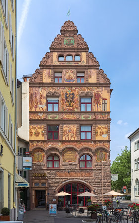 KONSTANZ, GERMANY - MAY 19, 2018: Hotel Graf Zeppelin with richly decorated facade. The building was laid in 1835. Since 1965, it is named after Count Ferdinand von Zeppelin.のeditorial素材