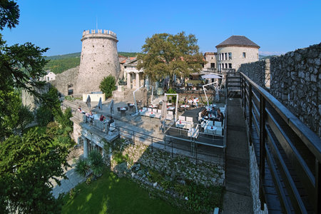 RIJEKA, CROATIA - OCTOBER 9, 2018: Inner courtyard of Trsat Castle. The castle was mentioned for the first time in 1288. It lies at the spot of ancient Illyrian and Roman fortress.のeditorial素材