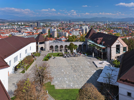 LJUBLJANA, SLOVENIA - OCTOBER 4, 2018: Inner courtyard of Ljubljana Castle and Nord-East part of the city. View from the lookout tower. The castle was founded in the 11th century.のeditorial素材