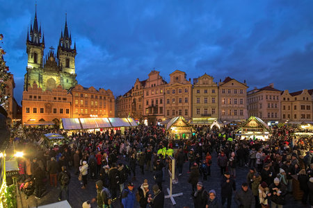 PRAGUE, CZECH REPUBLIC - DECEMBER 5, 2017: Christmas market at the Old Town Square in twilight. This is the main Christmas market in Prague and the largest one in Czech Republic.のeditorial素材