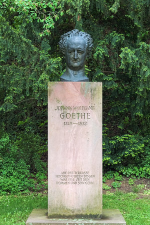 HEIDELBERG, GERMANY - MAY 21, 2013: Bust of Johann Wolfgang von Goethe in Castle garden. It's the bronze replica of the original bust created by Pierre-Jean David d'Angers in 1829.のeditorial素材