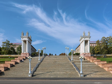 Volgograd, Russia. Propylaea and Central staircase of embankment of the Volga River in a sunny autumn day.の写真素材