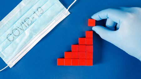 Hand in glove adding red cubes to growing column graph representing a rising number of infected or death toll of Corona Virus pandemic.の写真素材
