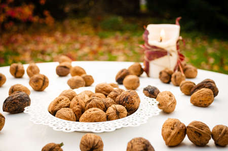 Whole walnuts and lit candle, side view with autumn garden in background in a conceptual image for autumn harvestの写真素材
