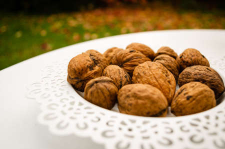 Whole walnuts in a basket, side view with autumn garden in backgroundの写真素材