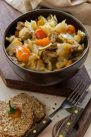 Vegetable stew with meat and potato,breadの写真素材