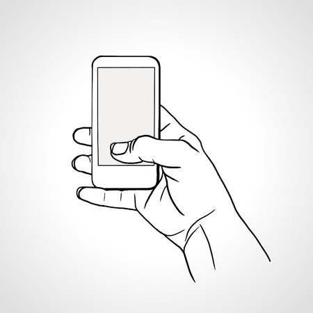 Hand Holding Mobile, arm with cell, line art drawing hand with mobile phoneのイラスト素材