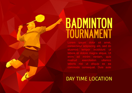 Unusual colorful triangle shape: Geometric polygonal professional badminton player, pattern design, illustration with empty space for poster, banner, web. Shades of red background.のイラスト素材