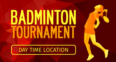 Unusual colorful triangle shape: Geometric polygonal professional badminton player, pattern design, illustration with empty space for poster, banner, web. Shades of red background.のイラスト素材