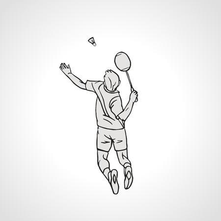 Vector illustration of Badminton player. Black and white badminton player during smash shot. Hand drawn.のイラスト素材