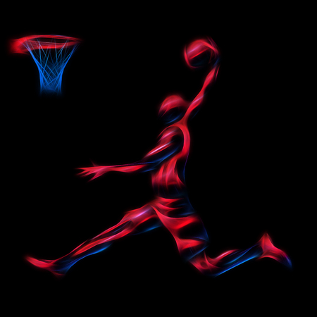 Basketball player Slam Dunk Neon Glow Silhouette. Creative illustration on black backgroundの写真素材