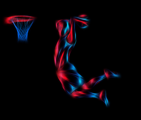 Basketball player Slam Dunk Neon Glow Silhouette. Creative illustration on black backgroundの写真素材