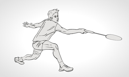 Vector illustration of Badminton player. Black and white badminton player during hit shot. Hand drawn.のイラスト素材