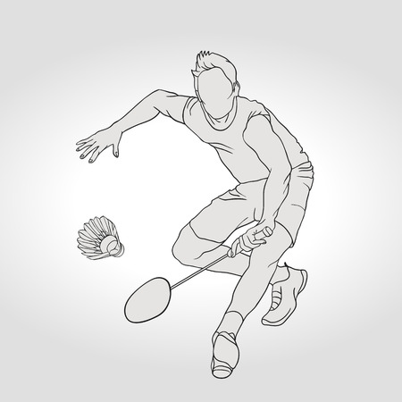 Vector illustration of Badminton player. Black and white badminton player during pass shot. Hand drawn.のイラスト素材