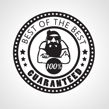 Best of the best, Satisfaction guaranteed sign, vector label with beard man approving with thumb up, black and white stickerのイラスト素材