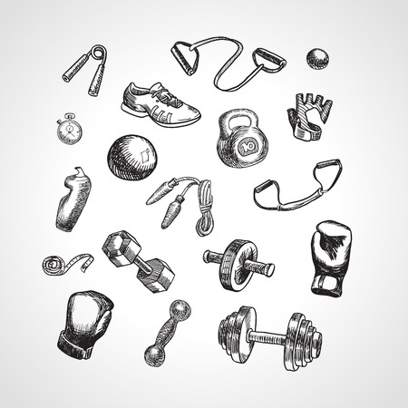 Fitness and gym vector accessories set. Hand drawn Fitness Equipment. Kettlebell, ball, espander, jump rope, rubber band, Boxing gloves, measuring tape, sneakers in sketch style.のイラスト素材
