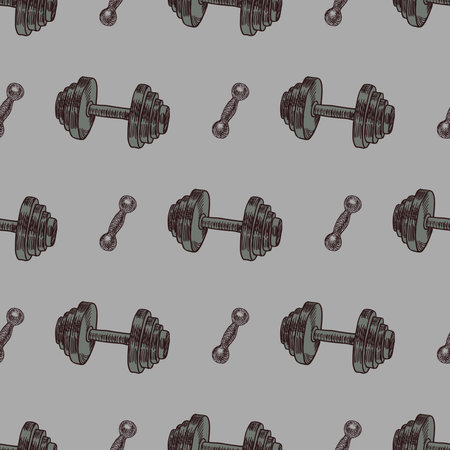 Hand drawn vector gym seamless pattern - sport and fitness minimal texture with dumbbellsのイラスト素材