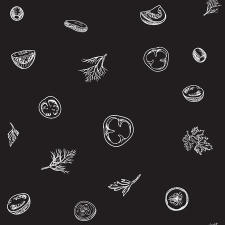 Veggie seamless vector pattern with vegetables. Seamless background with hand drawn salad ingredients on blackboardのイラスト素材