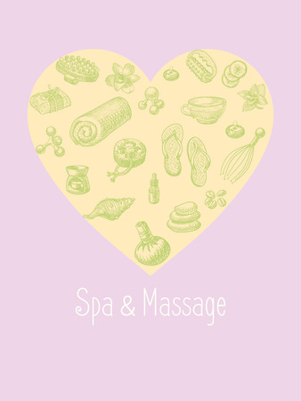 SPA and massage vector accessories set in the shape of heart. Wellness and healthy lifestyle hand drawn icons shaped a heartのイラスト素材