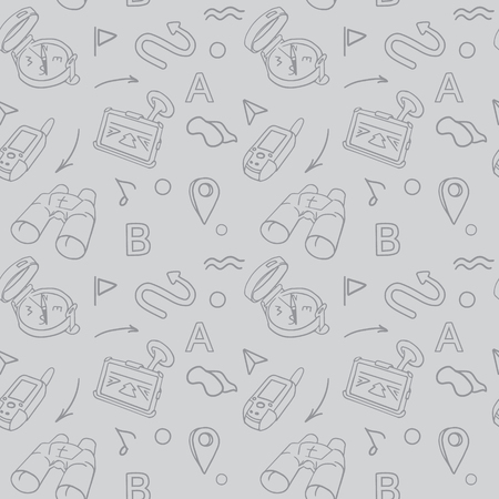 Navigation hand drawn seamless pattern with car Navigator, binoculars, compass and road signs. Vector illustrationのイラスト素材