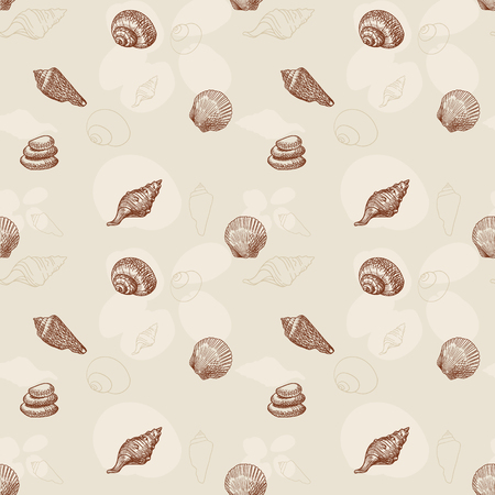 Beach Seashell Seamless Pattern, holiday background hand-drawn in vintage styleのイラスト素材