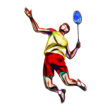 Polygonal geometric professional badminton player illustration on white background doing smash shotの写真素材