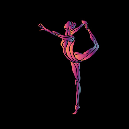Creative silhouette of gymnastic girl. Art gymnastics pose, illustration or banner template in trendy abstract colorful neon waves style on black backgroundのイラスト素材