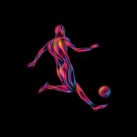 Soccer player kicks the ball. The colorful waves abstract illustration on black background.の写真素材