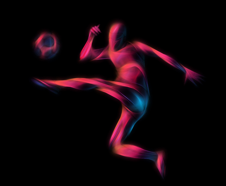 Football or Soccer player kicks the ball. The colorful neon illustration on black background.の写真素材