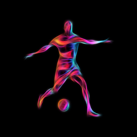 Soccer player kicks the ball. The colorful waves abstract illustration on black background.の写真素材