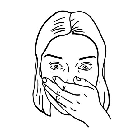 Portrait of surprised or amazed woman. Mouth covered with hand. Vector illustrationのイラスト素材