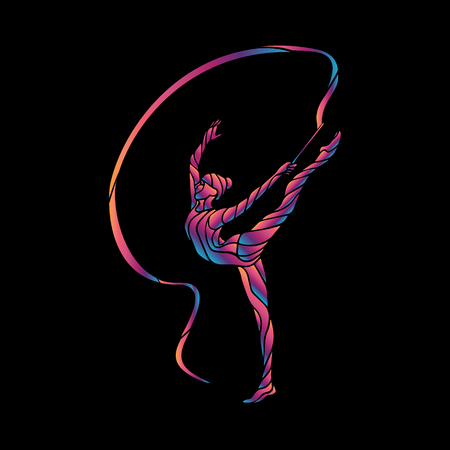 Creative silhouette of gymnastic girl. Art gymnastics with ribbon, vector illustration or banner template in trendy abstract colorful neon waves style on black backgroundのイラスト素材
