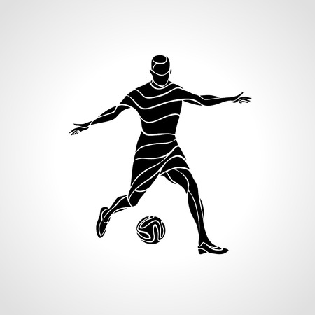 Soccer or football player kicks the ball. Abstract line art silhouette. Illustration on white background.のイラスト素材