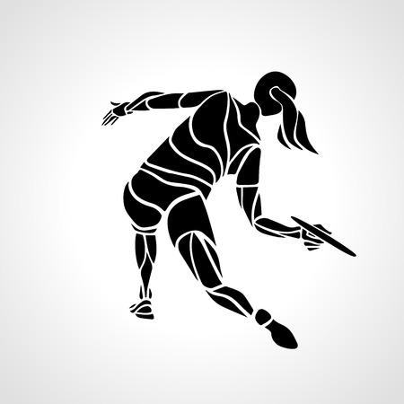 Female player is throwing flying disc. Silhouette of disc golf player. lineart illustrationのイラスト素材
