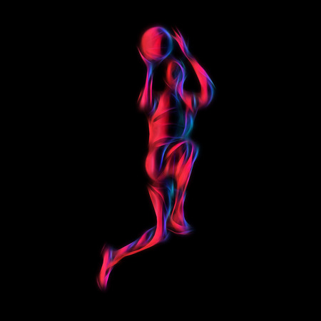 Basketball player Slam Dunk Neon Glow Silhouette. Creative illustration on black backgroundの写真素材