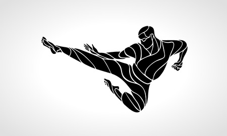 Karate power kick. Martial arts man silhouette. Detailed vector illustration of a martial arts masterのイラスト素材