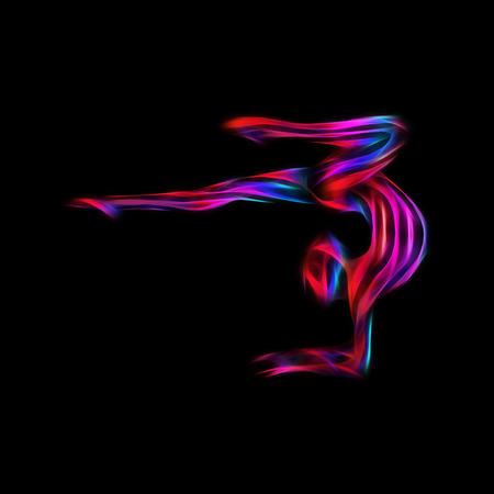 Creative silhouette of gymnastic girl. Art gymnastics woman, illustration or banner template in trendy abstract colorful neon waves style on black backgroundの写真素材
