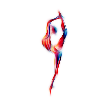 Creative silhouette of gymnastic girl. Art gymnastics woman, illustration or banner template in trendy abstract colorful neon waves style on white backgroundの写真素材