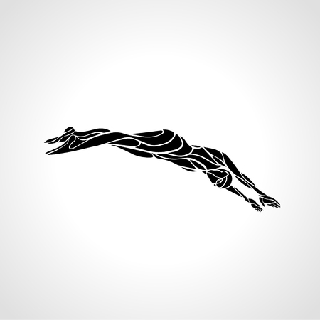 Professional Female Swimmer Diving Into A Swimming Pool. Vector silhouette illustration on white backgroundのイラスト素材