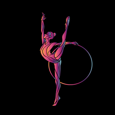 Rhythmic Gymnastics with Hoop black Color Silhouette on black background. Vector illustration.のイラスト素材