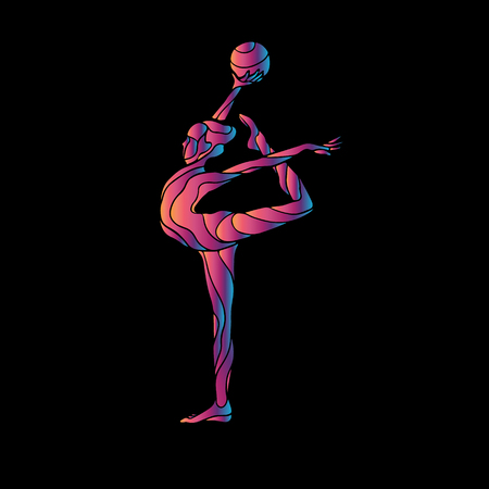Creative silhouette of gymnastic girl. Art gymnastics with ball, illustration or banner template in trendy abstract colorful neon waves style. Vector illustrationのイラスト素材