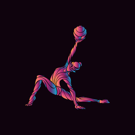 Creative silhouette of gymnastic girl. Art gymnastics with ball, vector illustration or banner template in trendy abstract colorful neon waves style on black backgroundのイラスト素材