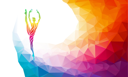 Creative silhouette of gymnastic girl. Art gymnastics, colorful illustration with background or template in trendy abstract colorful polygon style and rainbow backのイラスト素材