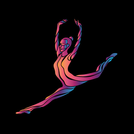 Creative silhouette of gymnastic girl. Art gymnastics woman, illustration or template in trendy abstract colorful neon waves style on black backgroundのイラスト素材