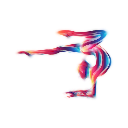 Creative silhouette of gymnastic girl. Art gymnastics woman, illustration or template in trendy abstract colorful neon waves style on white backgroundの写真素材