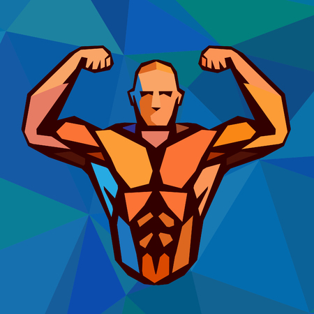 Polygonal colored bodybuilder . Sportsman shows his biceps. Fitness gym labelのイラスト素材