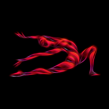 Creative silhouette of gymnastic girl. Art gymnastics woman, illustration or banner template in trendy abstract colorful neon waves style on black backgroundの写真素材